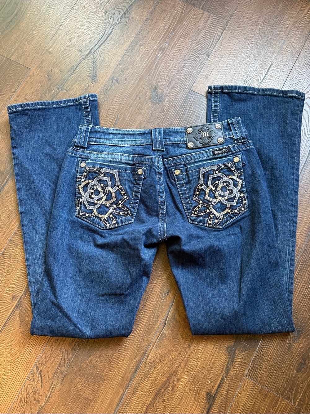 Miss Me Dark Blue Bootcut Jeans with Embroidered Floral Pockets